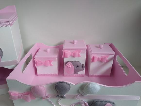 Kit Higiene para Bebê em mdf com 8 Peças Tema Elefantinha