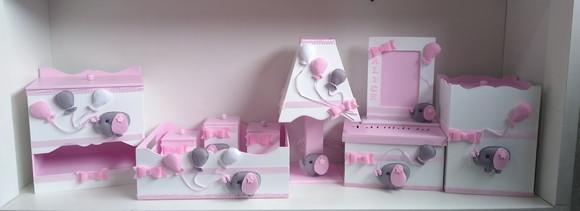 Kit Higiene para Bebê em mdf com 8 Peças Tema Elefantinha