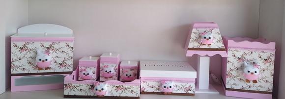 Kit Higiene para Bebê em mdf Decorado Tema Corujinhas