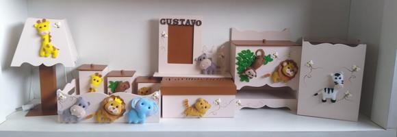Kit Higiene para Bebê em mdf Tema Safari com 9 Peças