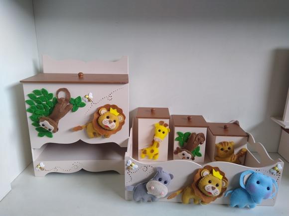Kit Higiene para Bebê em mdf Tema Safari com 9 Peças