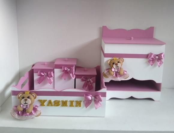 Kit Higiene para Bebê em mdf Tema Ursinha Princesa