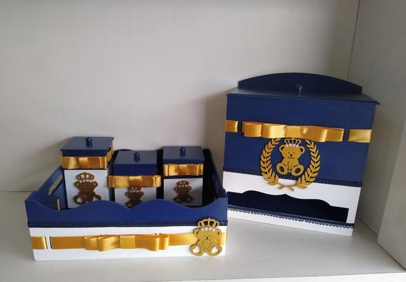 Kit Higiene para Bebê em mdf Tema Ursinho Príncipe