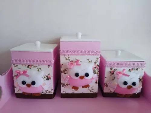 Kit Higiene para Bebê em mdf Decorado Tema Corujinhas