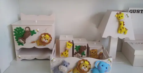 Kit Higiene para Bebê em mdf Tema Safari com 9 Peças