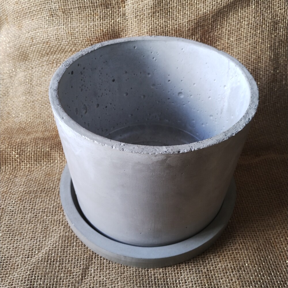 Kit Vaso Cilindro 17x22 cm e prato suporte 24cm em concreto rúst