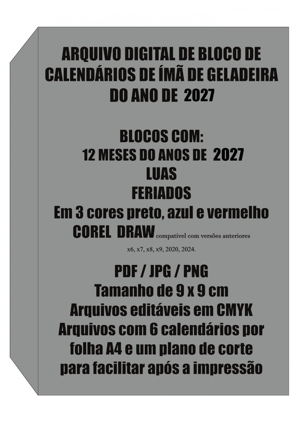 Arquivo Digital Calendário Ímã de Geladeira 2027 9x9 cm