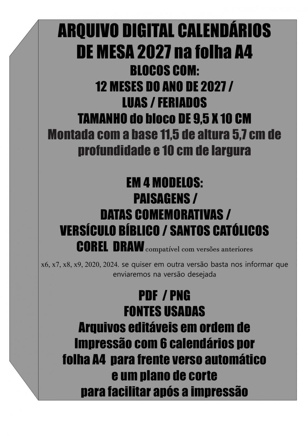 Arquivo Digital Calendário de Mesa 2027 na Folha A4 Editável