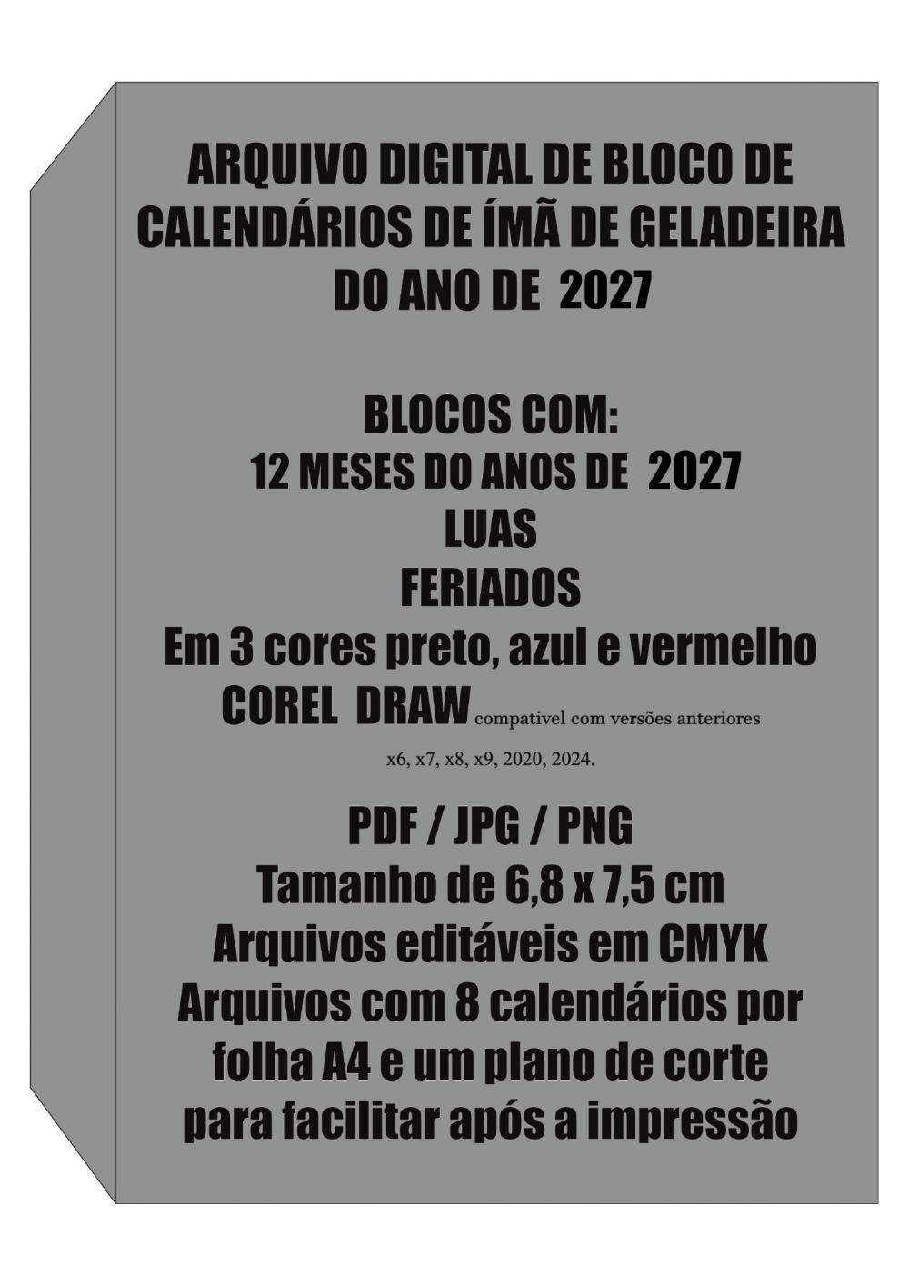 Arquivo Digital Calendário Ímã de Geladeira 2027 7,5x6,8cm