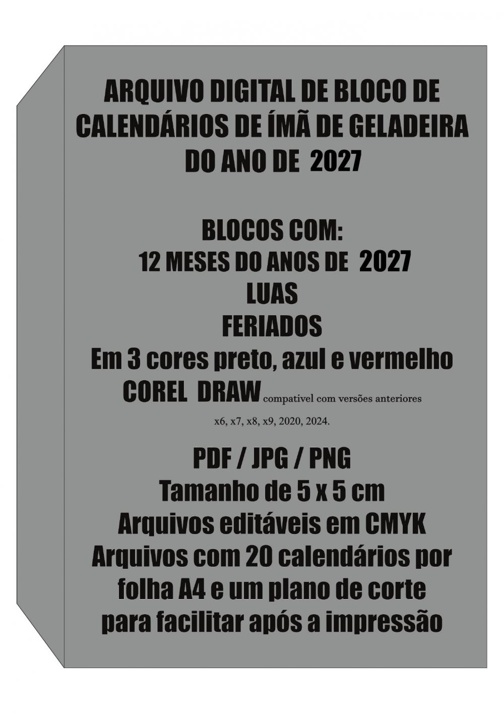 Arquivo Digital Bloco Calendário Ímã de Geladeira 2027 5x5cm