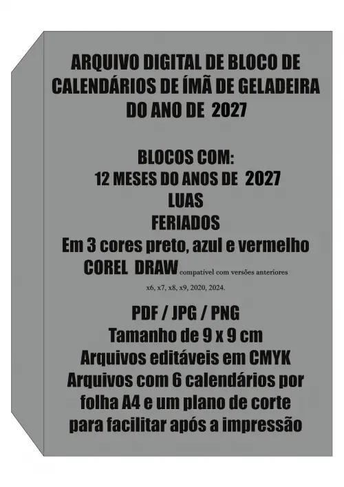 Arquivo Digital Calendário Ímã de Geladeira 2027 9x9 cm