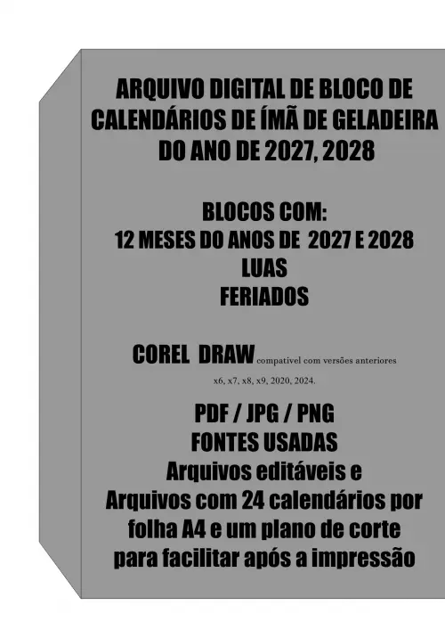 Arquivo Digital Bloco Calendário Imã de Geladeira 2027, 2028