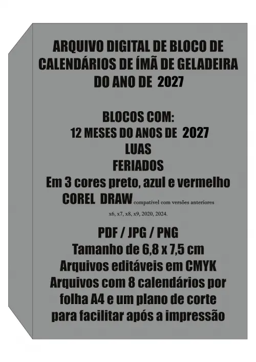 Arquivo Digital Calendário Ímã de Geladeira 2027 7,5x6,8cm
