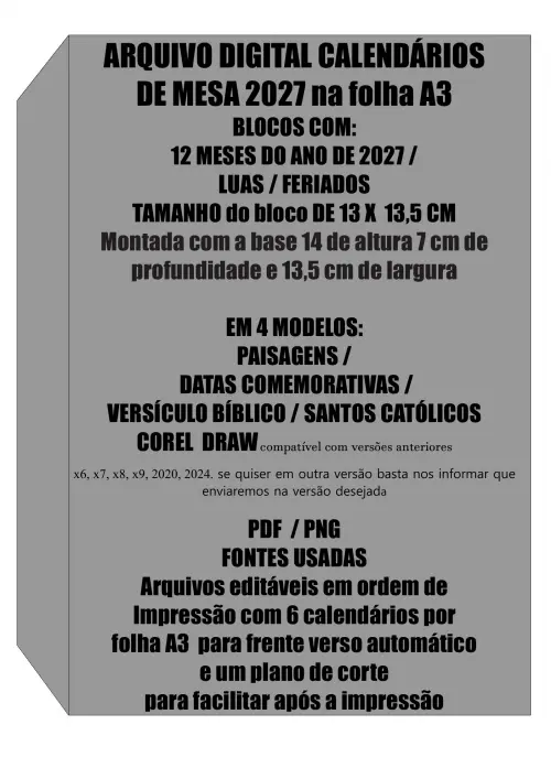 Arquivo Digital Calendário de Mesa 2027 na Folha A3 Editável