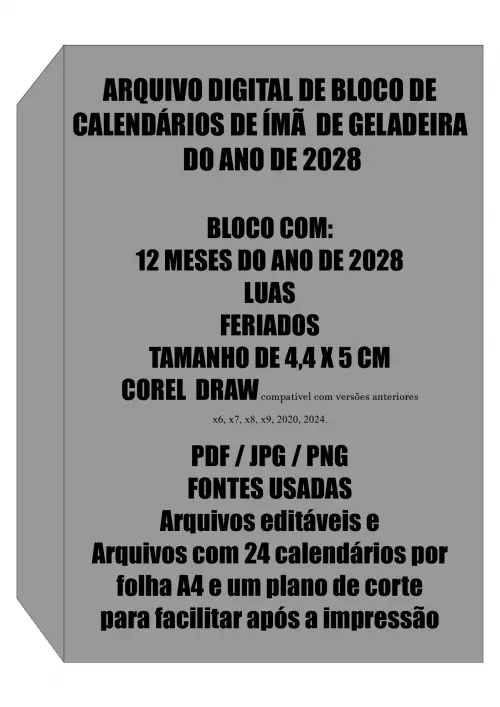 Arquivo Digital Bloco Calendário p/ Imã de Geladeira 2028
