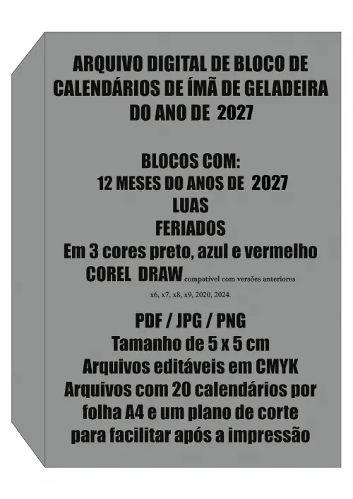 Arquivo Digital Bloco Calendário Ímã de Geladeira 2027 5x5cm