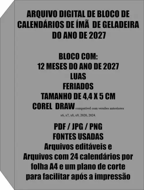 Arquivo Digital Bloco Calendári p/ Imã de Geladeira 2027