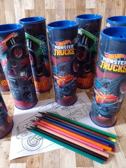12 Cores Tubo Lata com Kit para Colorir Monsters Truck