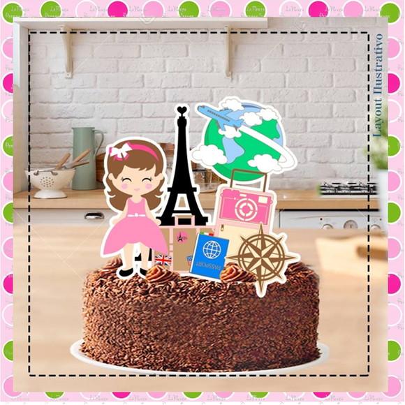 Topo de Bolo Viagem Menina Paris