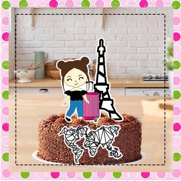 Topo de Bolo Viagem Menina Paris
