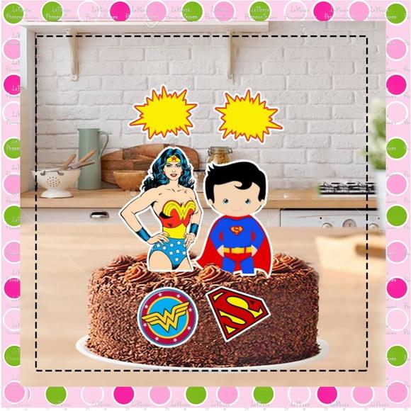 Topo de Bolo Mulher Maravilha e Super Man