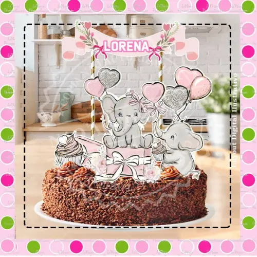 Topo de Bolo Elefante Rosa