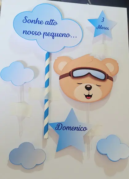 Topo de Bolo Mesversário Ursinho Aviador
