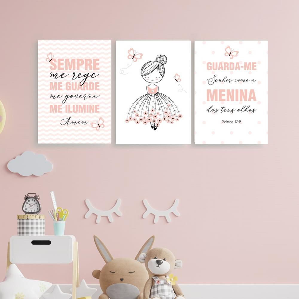 Quadros Menina Bailarina Borboletas Rosa Kit 3 Peças 20x28cm