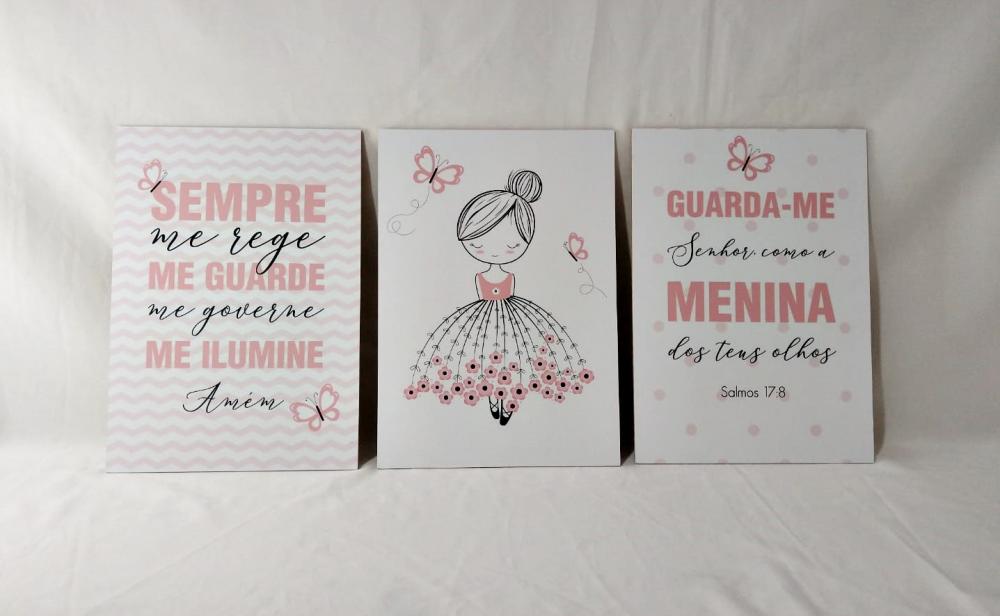 Quadros Menina Bailarina Borboletas Rosa Kit 3 Peças 20x28cm