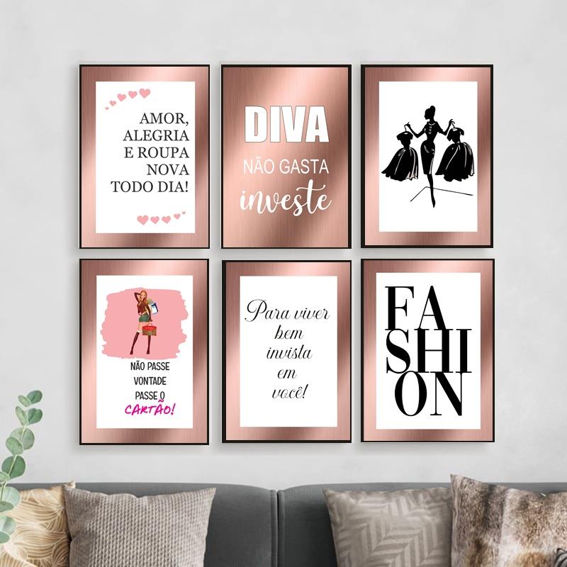 Kit 6 Quadros Moda Rose Gold Loja Roupa Look Fashion 20x28cm