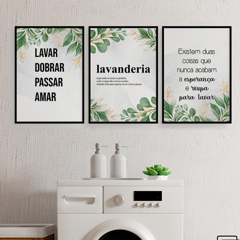 Quadros Lavanderia Lavar Passar Amar Kit 3 Peças 20x28cm