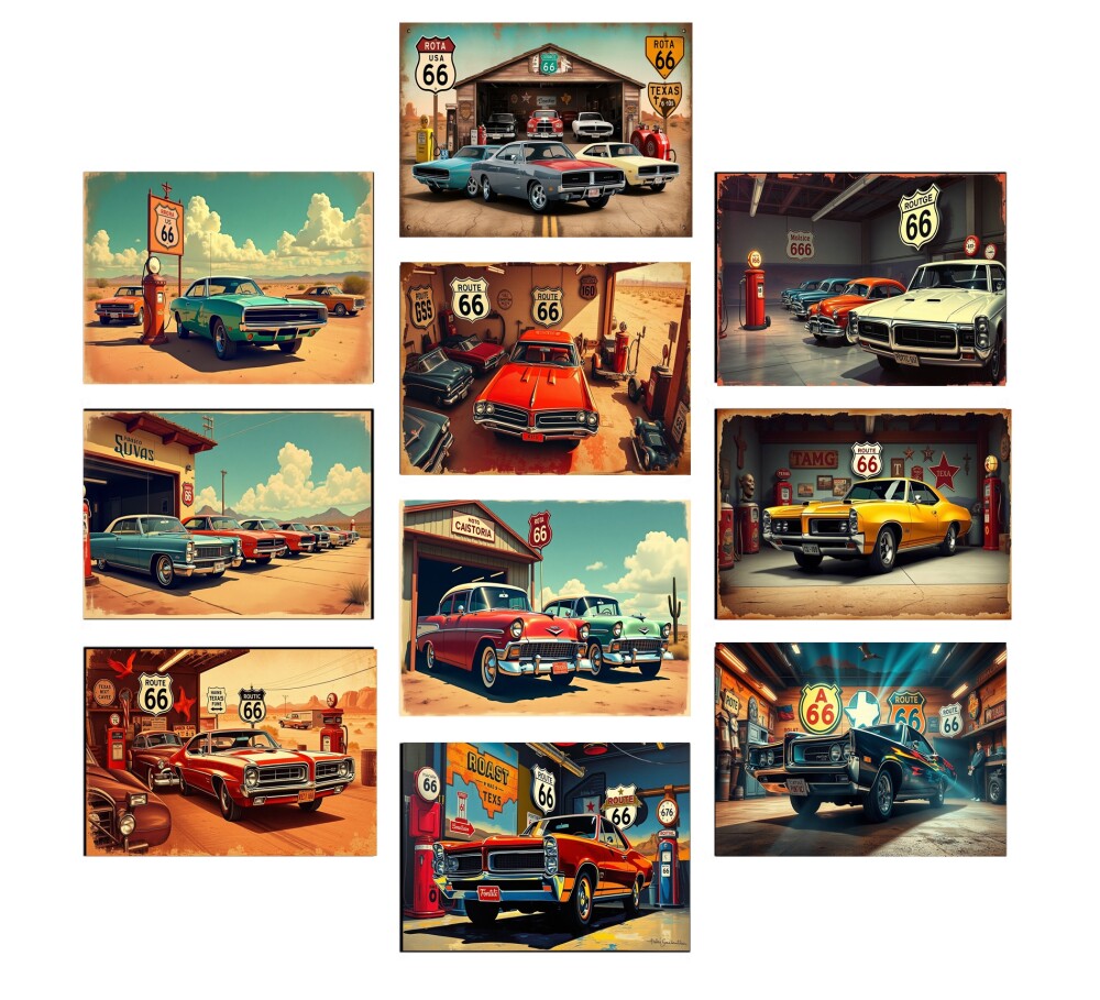 Quadros Carro Antigo Rota 66 Garagem Texas 10 Peças 21x15cm