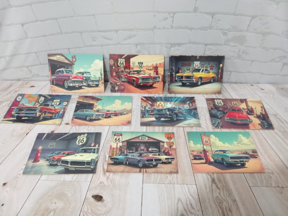 Quadros Carro Antigo Rota 66 Garagem Texas 10 Peças 21x15cm
