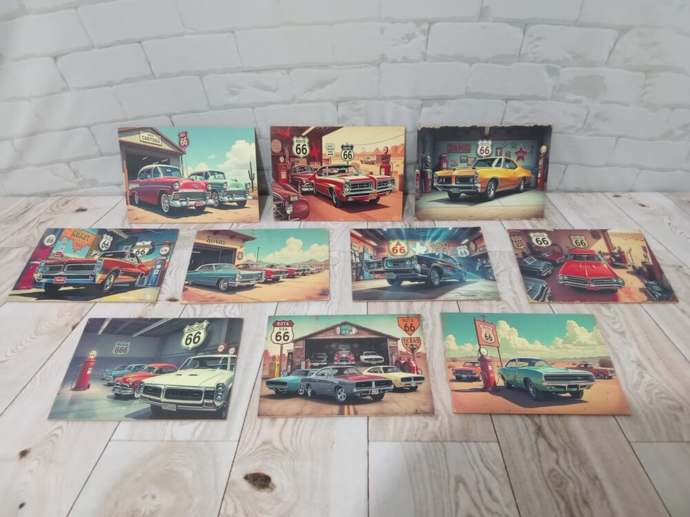 Quadros Carro Antigo Rota 66 Garagem Texas 10 Peças 21x15cm