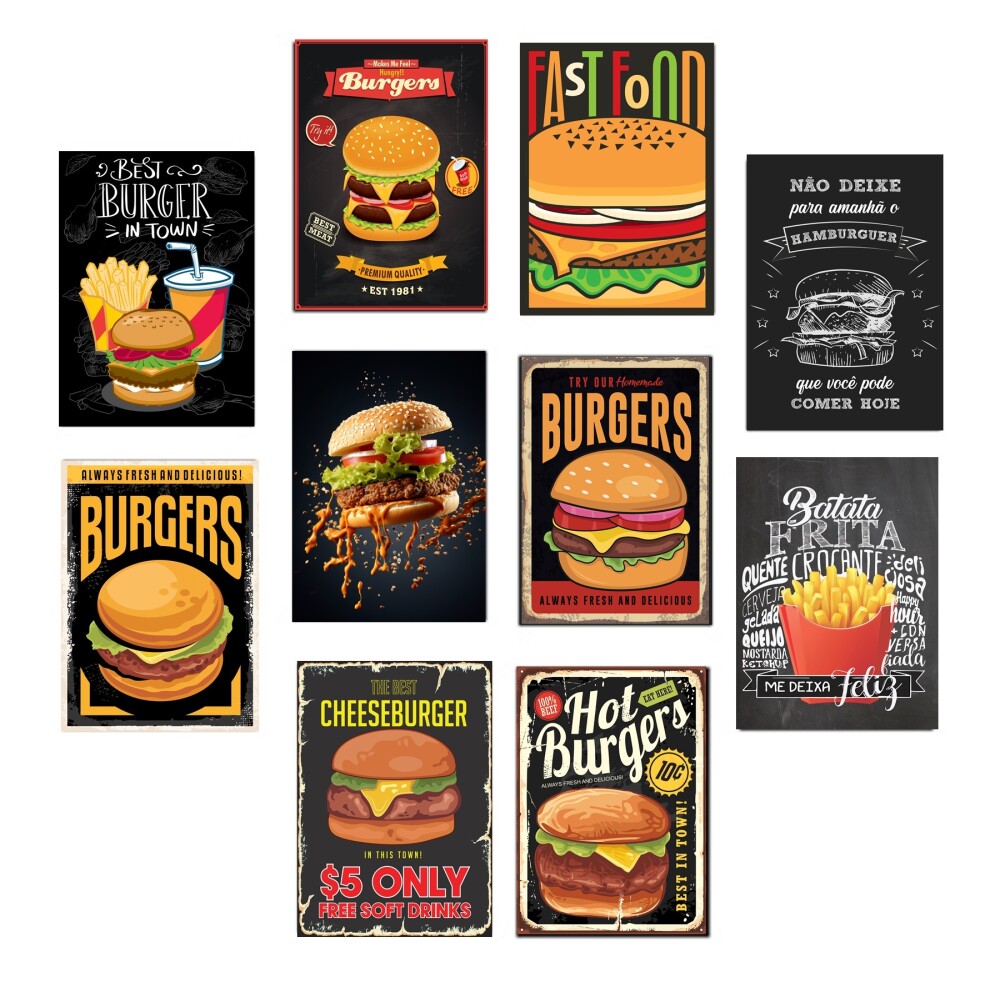 Kit 10 Quadros Hamburgueria Lanchonete Retro Preto 21x15cm
