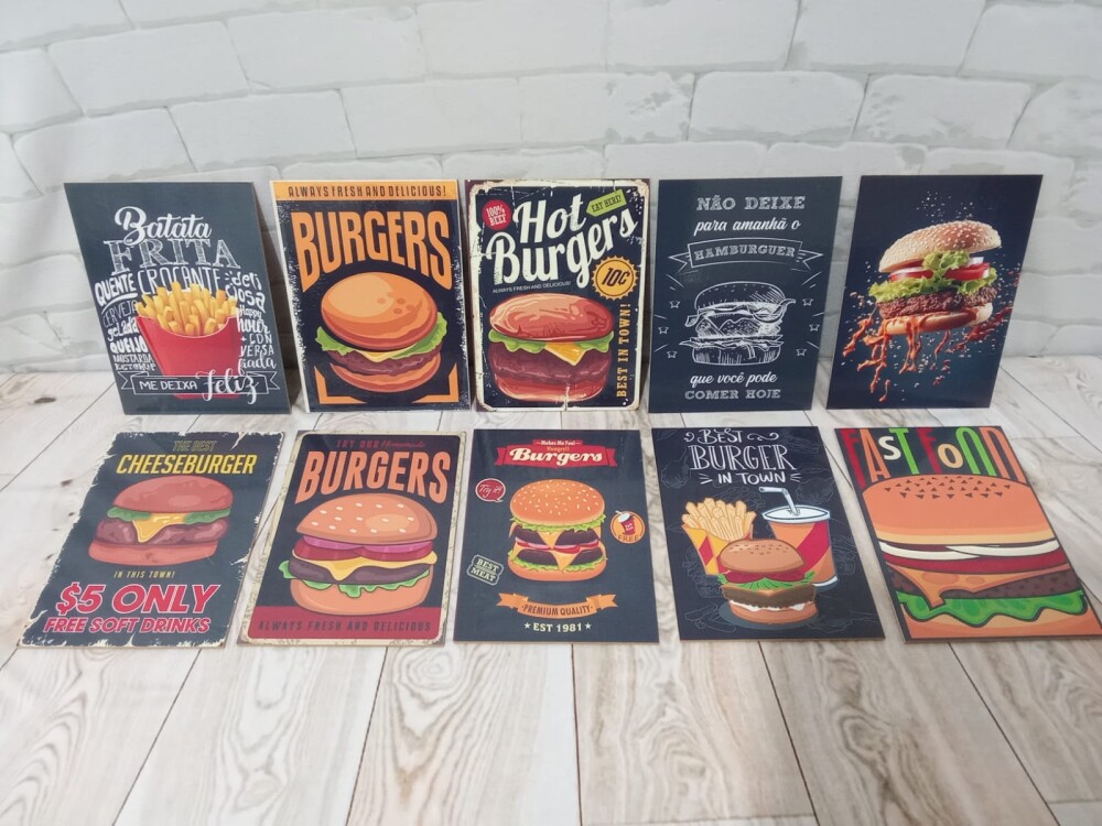 Kit 10 Quadros Hamburgueria Lanchonete Retro Preto 21x15cm