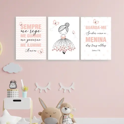 Quadros Menina Bailarina Borboletas Rosa Kit 3 Peças 20x28cm