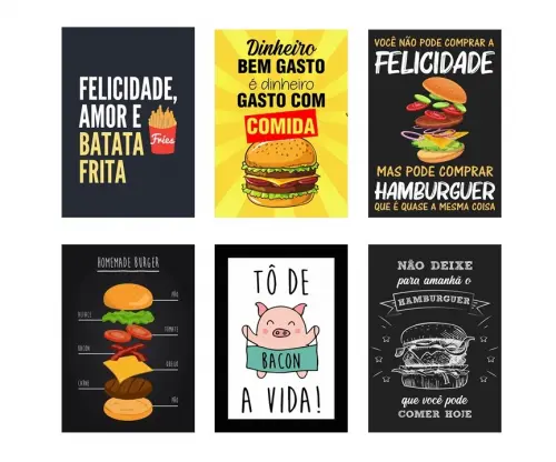 Quadros Hamburgueria Lanchonete Lanche Kit 6 Peças 20x28cm