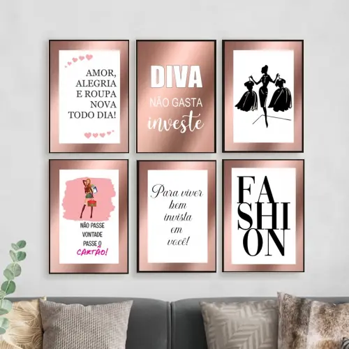 Kit 6 Quadros Moda Rose Gold Loja Roupa Look Fashion 20x28cm