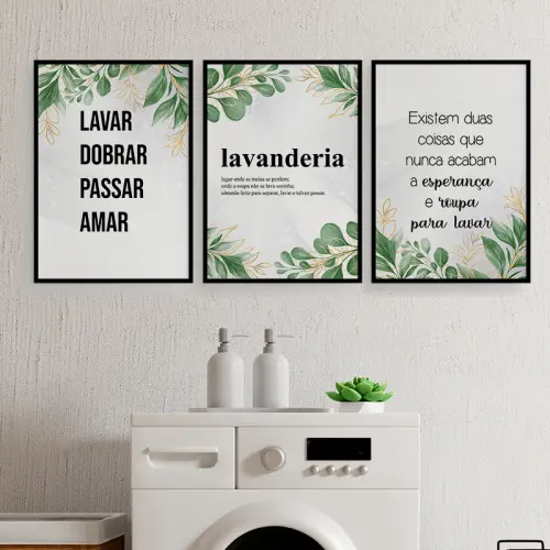 Quadros Lavanderia Lavar Passar Amar Kit 3 Peças 20x28cm