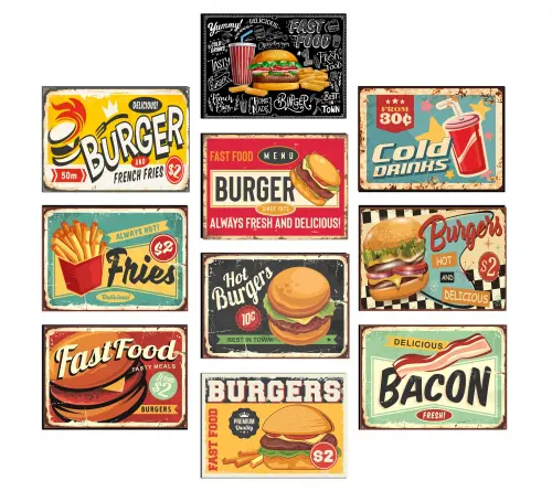 Kit 10 Quadros Hamburgueria Lanchonete Retro Lanche 21x15cm