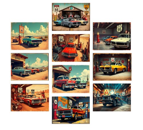 Quadros Carro Antigo Rota 66 Garagem Texas 10 Peças 21x15cm