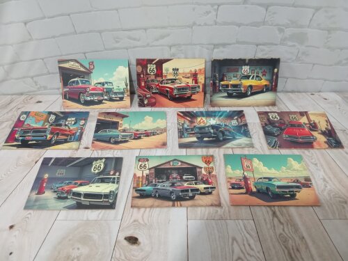 Quadros Carro Antigo Rota 66 Garagem Texas 10 Peças 21x15cm