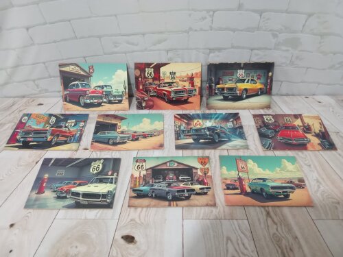 Quadros Carro Antigo Rota 66 Garagem Texas 10 Peças 21x15cm