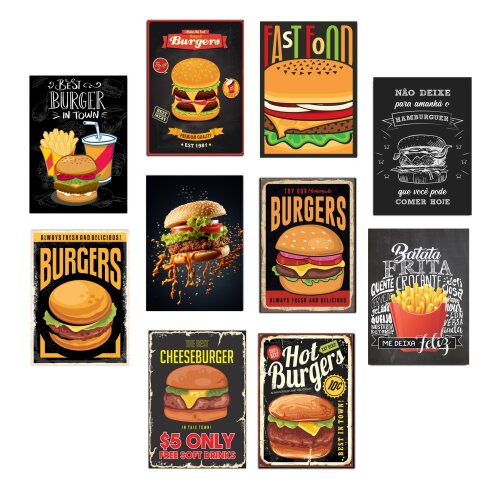 Kit 10 Quadros Hamburgueria Lanchonete Retro Preto 21x15cm