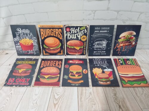 Kit 10 Quadros Hamburgueria Lanchonete Retro Preto 21x15cm