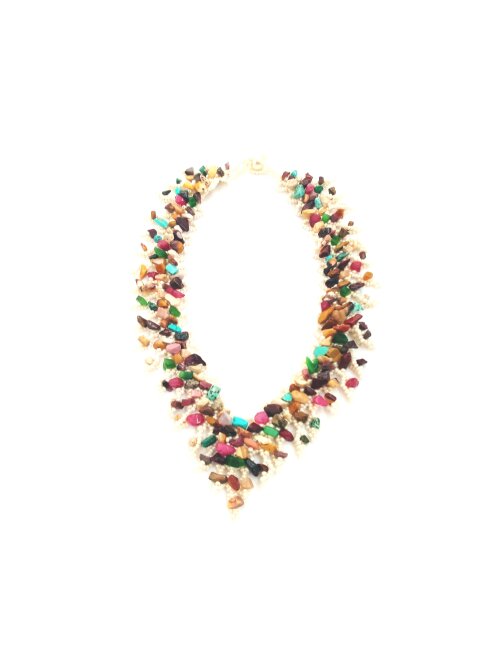 Colar Cascalho Pedras Colorida Mookaita Moda Feminina