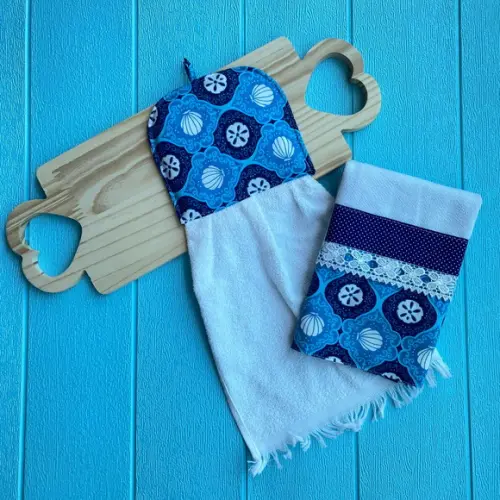Kit Cozinha Pano de Prato e Bate Mão Sew Lola Oceano
