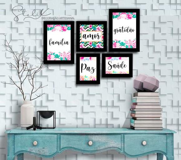 Kit Floral Rosa - 5 Placas Decorativas