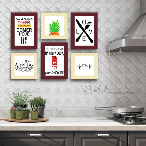 Kit Cozinha Bege e Marrom - 6 Placas Decorativas
